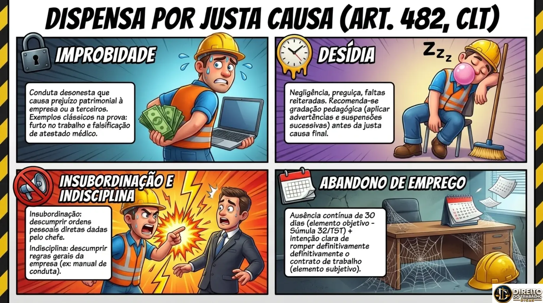 Amostra de mapa mental sobre dispensa por justa causa no artigo 482 da CLT, com improbidade, desídia, insubordinação e abandono de emprego