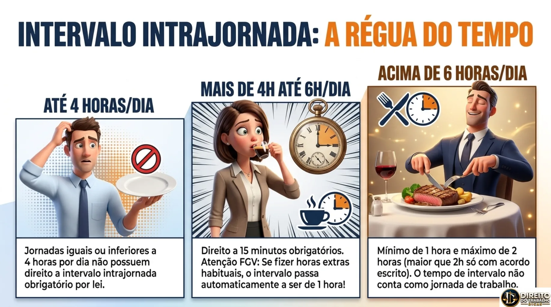 Amostra de mapa mental sobre intervalo intrajornada, com as regras para até 4 horas, mais de 4 até 6 horas e acima de 6 horas por dia