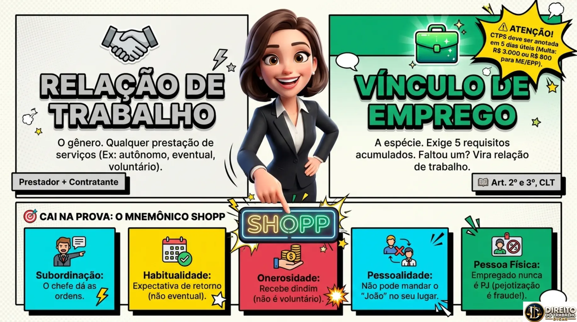 Mapa mental de Direito do Trabalho comparando relação de trabalho e vínculo de emprego, com os requisitos subordinação, habitualidade, onerosidade, pessoalidade e pessoa física